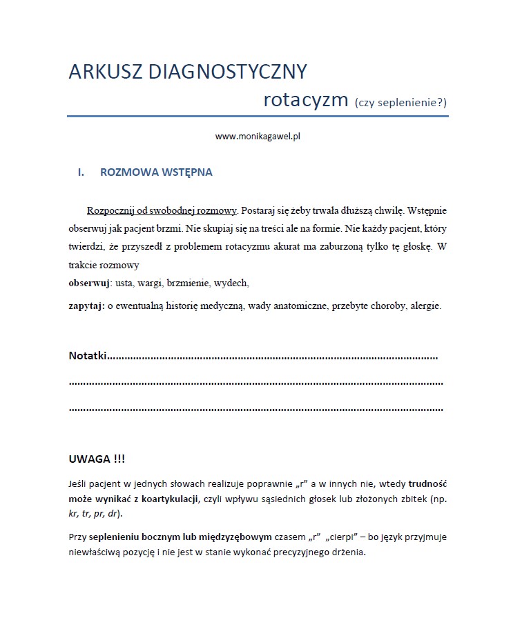 Arkusz diagnostyczny - rotacyzm